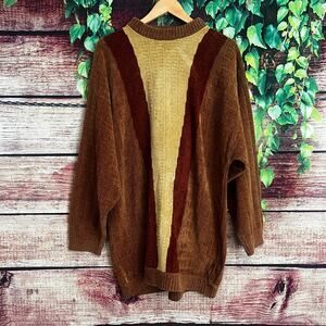 Vintage Grandpa Sweater Mens Large Y2K Fall Brown Textured Colorblock Long Tall